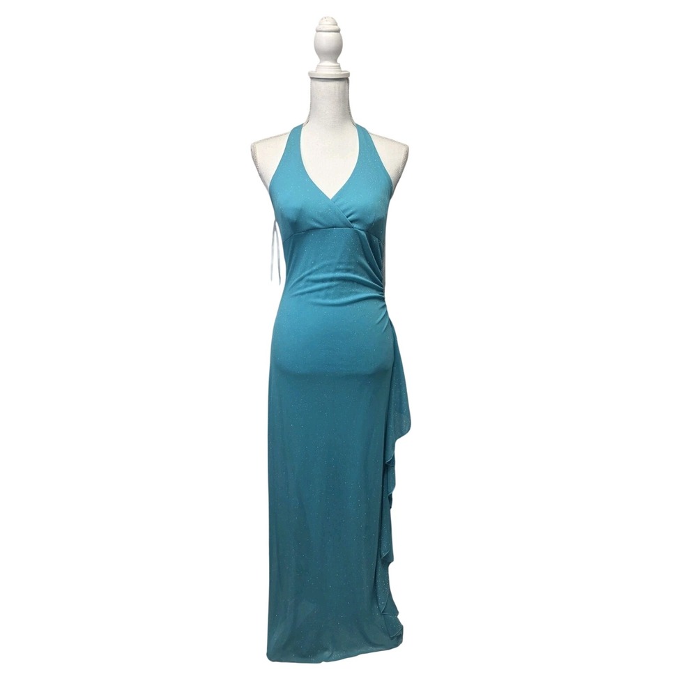 Taboo Turquoise Blue Glitter Halter Maxi Dress Ruffle Side Formal Gown S